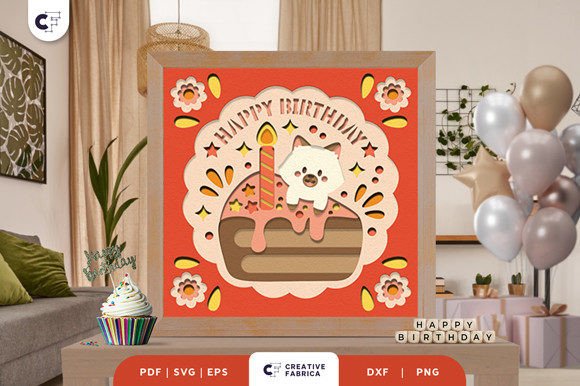 Birthday Cat 3D Shadow Box Papercut for Birthdays and 3D SVG
