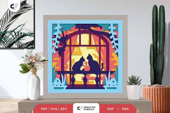 Cat on a Spring Window 3D Shadow Box SVG