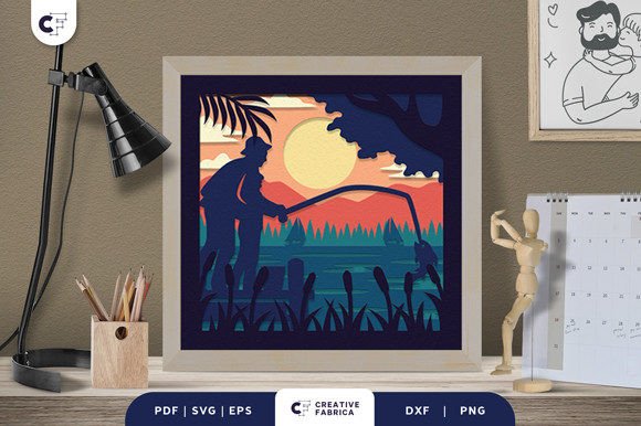 Dad Fishing with Daughter 3D Paper Cut for Father S Day