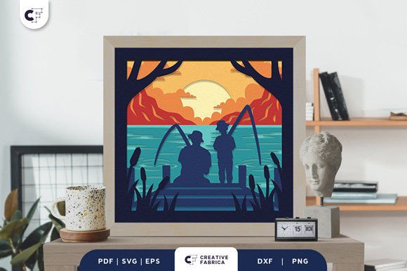 Dad Fishing with Son 3D Shadow Box SVG